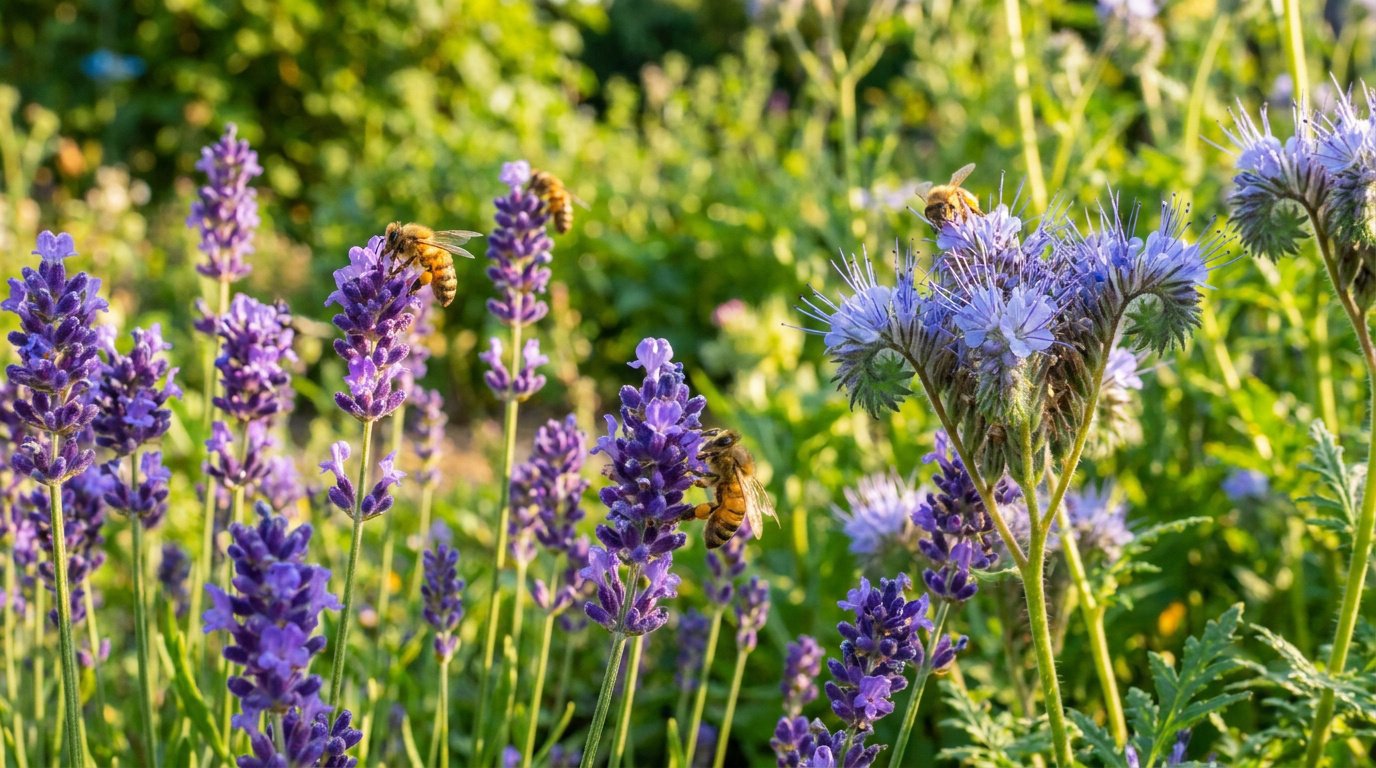 Des abeilles butinant des fleurs de lavande et de phacélie dans un jardin ensoleillé.