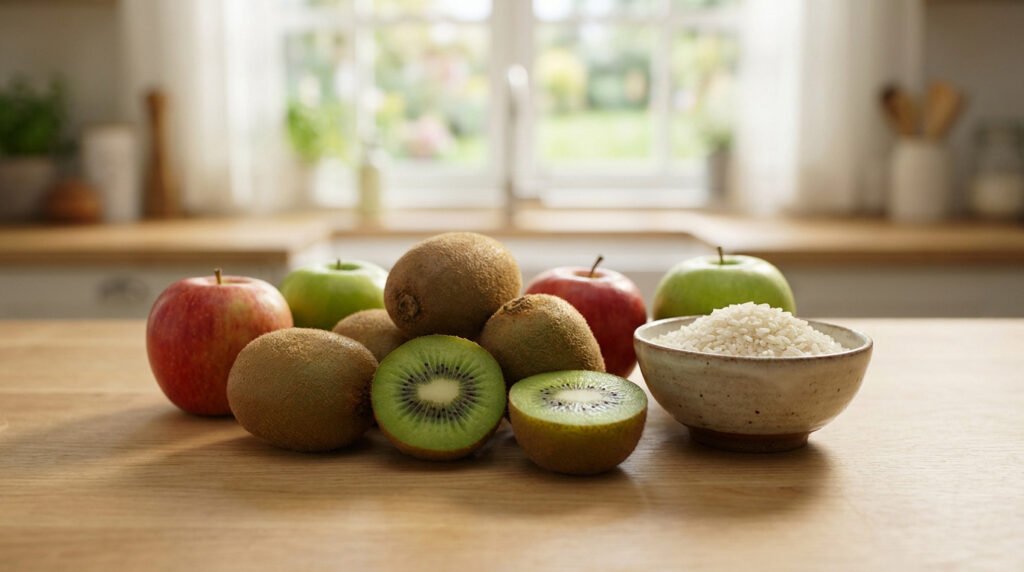 Des kiwis entiers et coupés entourés de pommes et d'un bol de riz sur une table de cuisine lumineuse.
