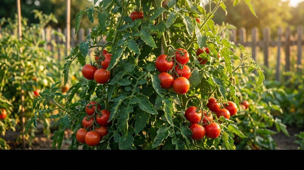 Pieds de tomates bien chargés de fruits rouges mûrs dans un jardin potager ensoleillé.