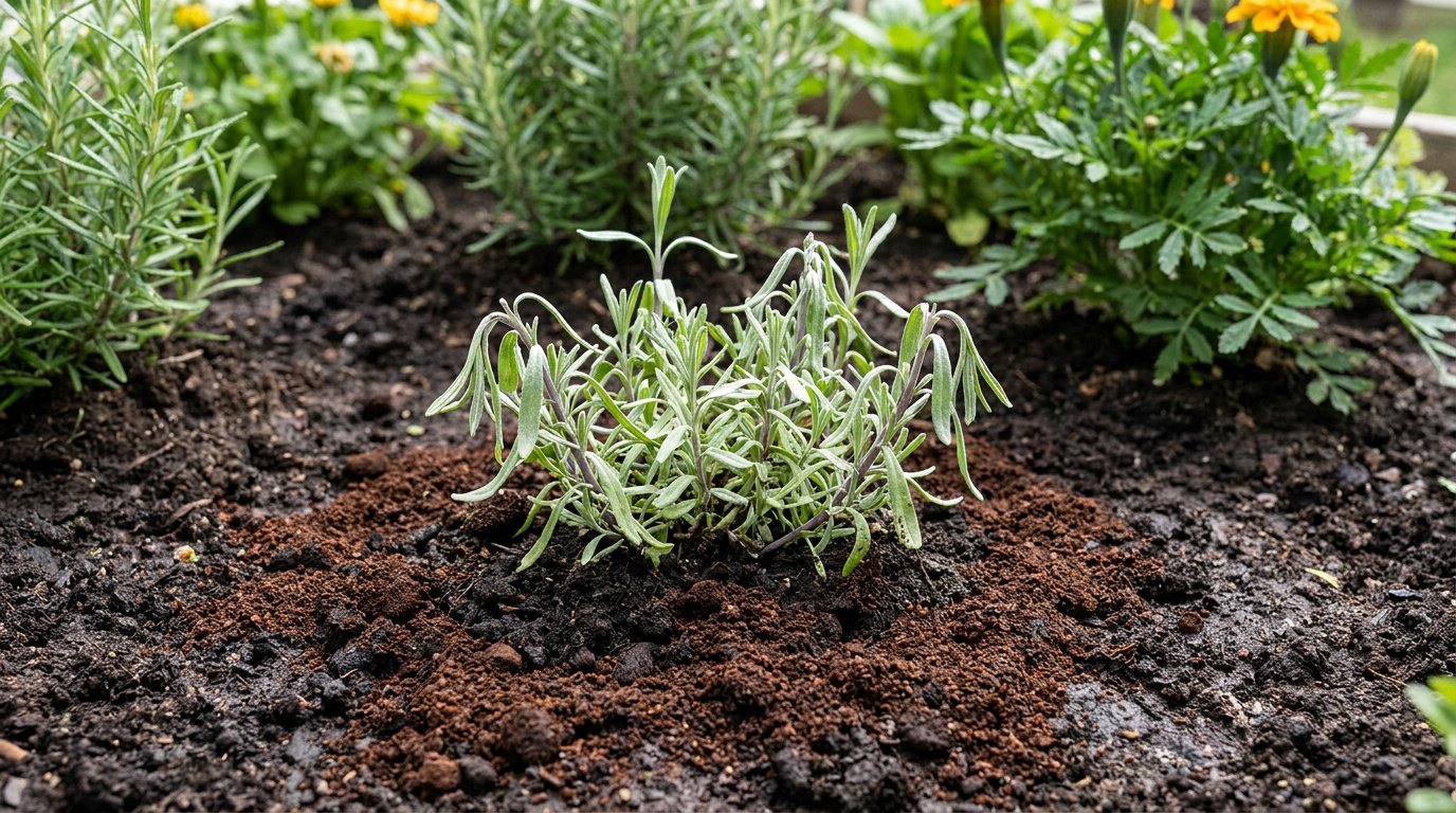 Jeune plant de lavande entouré de marc de café frais dans un potager.