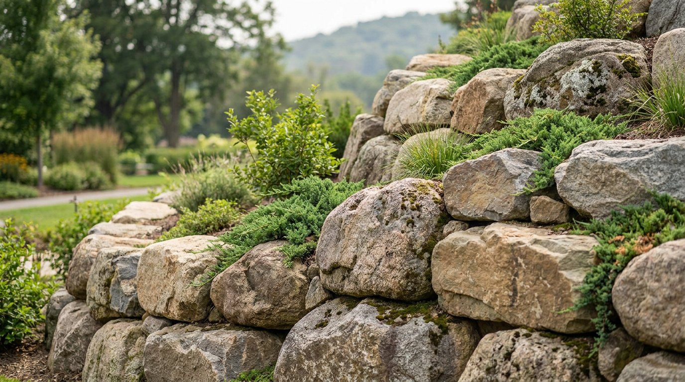 Mur de soutènement réalisé en grosses pierres naturelles avec des plantes ornementales dans un jardin.