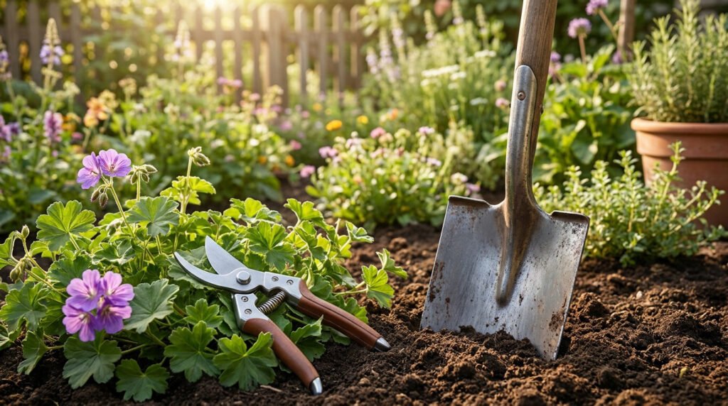 Sécateur et pelle plantés dans la terre au milieu d'un jardin fleuri ensoleillé.