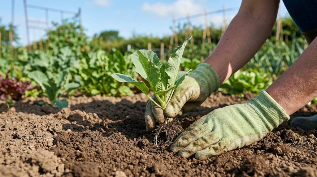 Mains gantées plantant un jeune plant de chou-fleur dans le sol d'un potager ensoleillé.