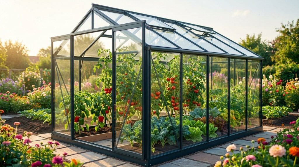 Serre de jardin en verre avec des tomates et des légumes dans un jardin fleuri ensoleillé.
