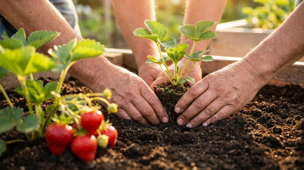 Gros plan sur des mains plantant un jeune fraisier dans la terre, à côté de fraises mûres dans un potager.