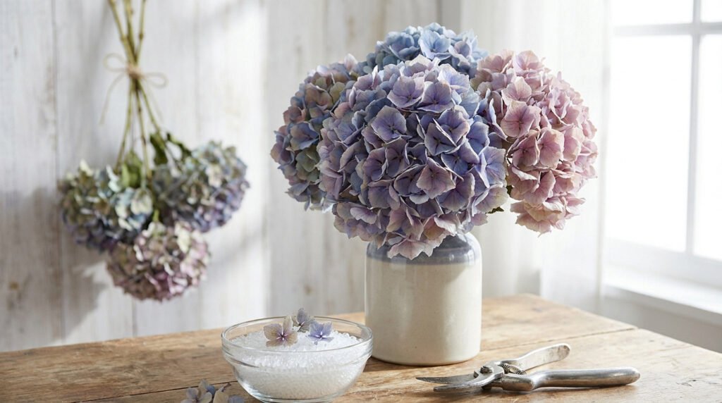 Bouquet d'hortensias bleus et roses dans un vase sur une table en bois avec du gel de silice et un sécateur.