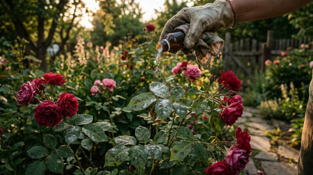 Une main gantée saupoudre une poudre blanche sur des feuilles de rosiers atteints de taches noires dans un jardin.